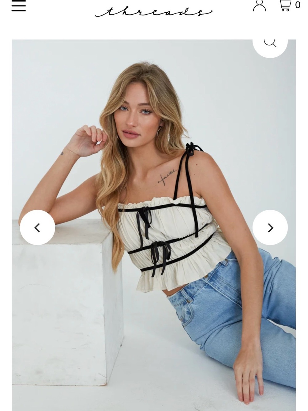 American Threads Cream Ruffle Tie-Shoulder Camisole with Black Trim
